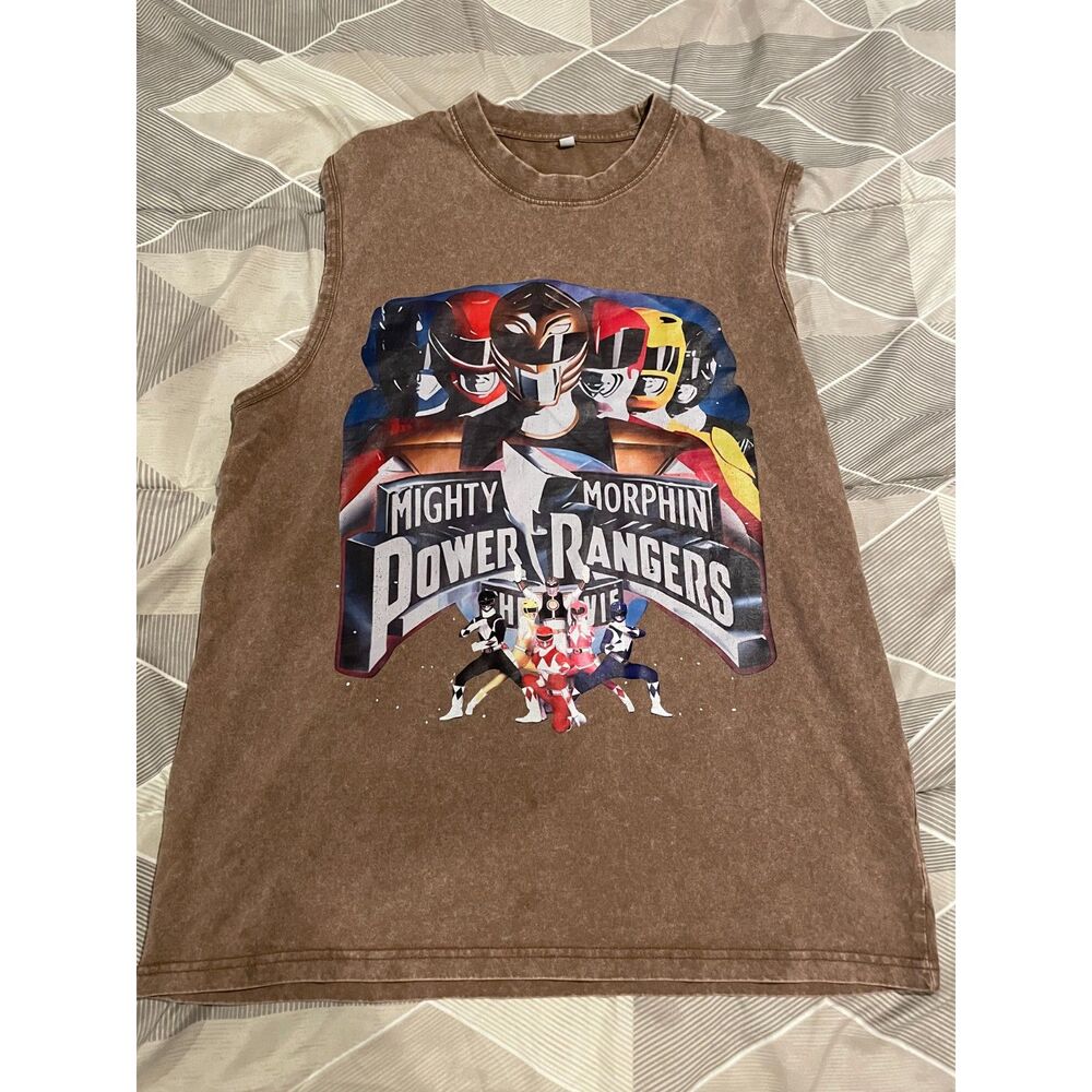 Mighty Morphin Power Rangers Muscle Tank Top Brown Acid Wash Men’s M